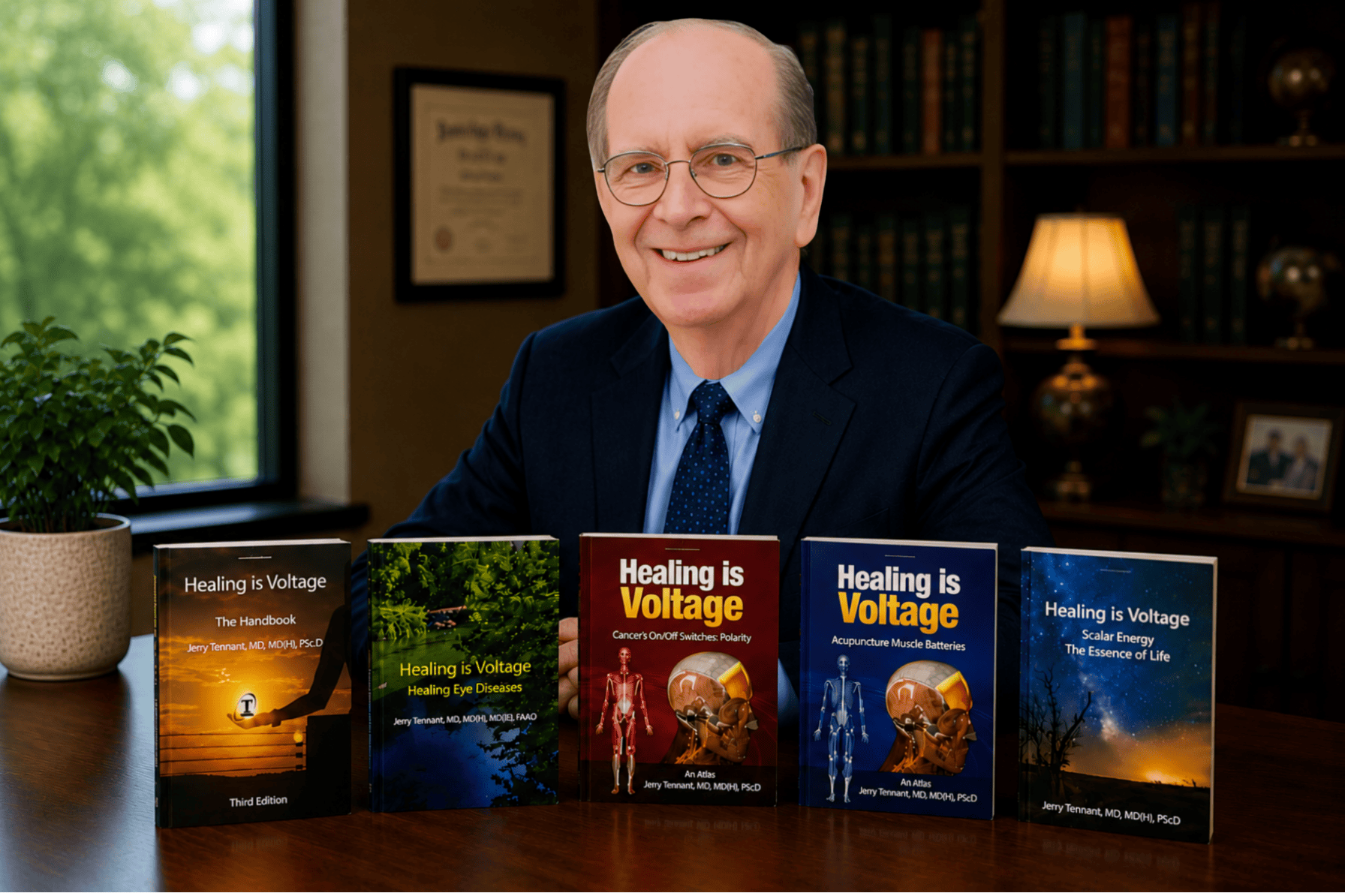 Dr. Jerry Tennant with books from his continuing work as an author and educator