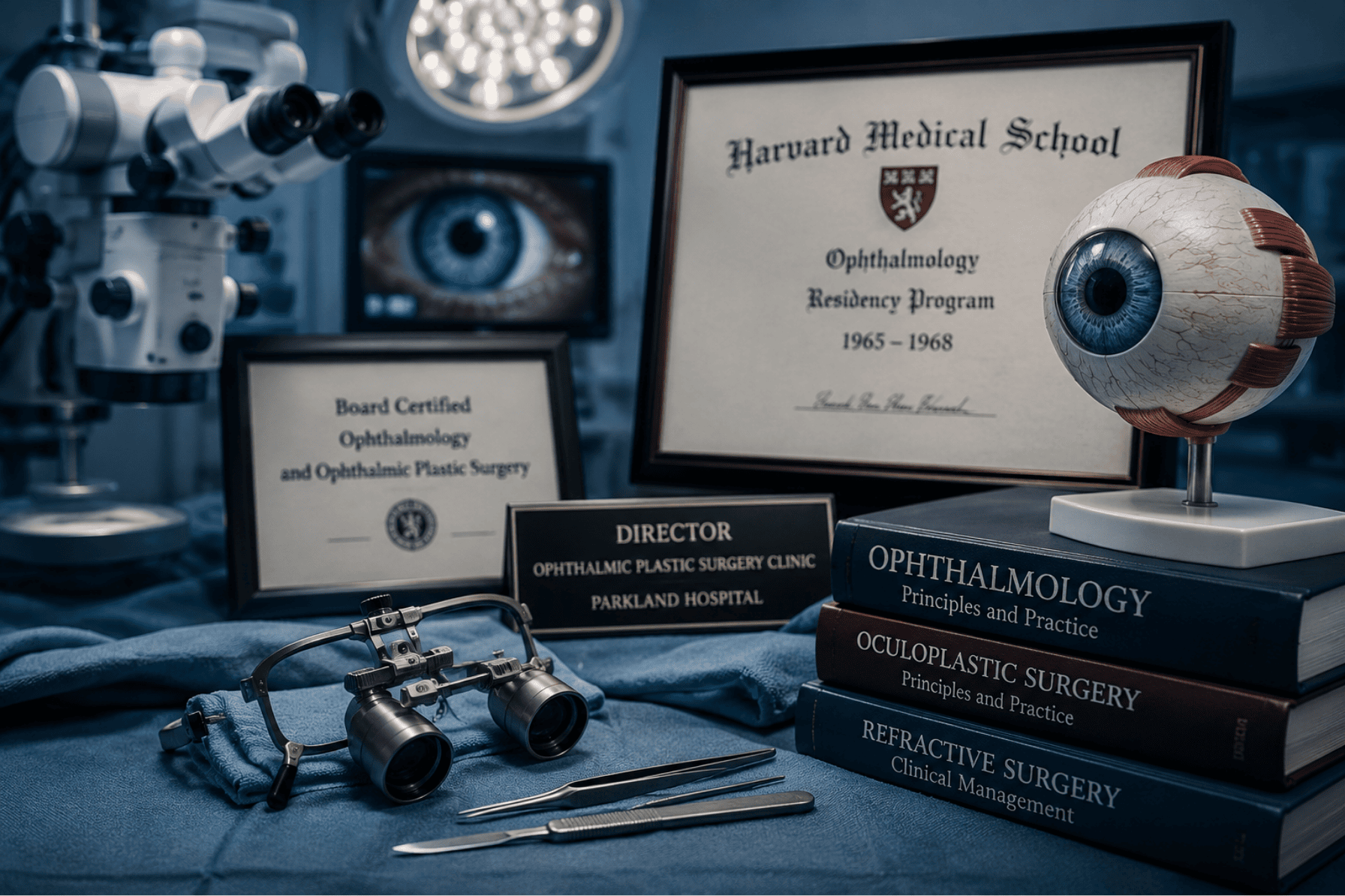 Ophthalmology instruments and training materials representing Dr. Jerry Tennant's surgical education