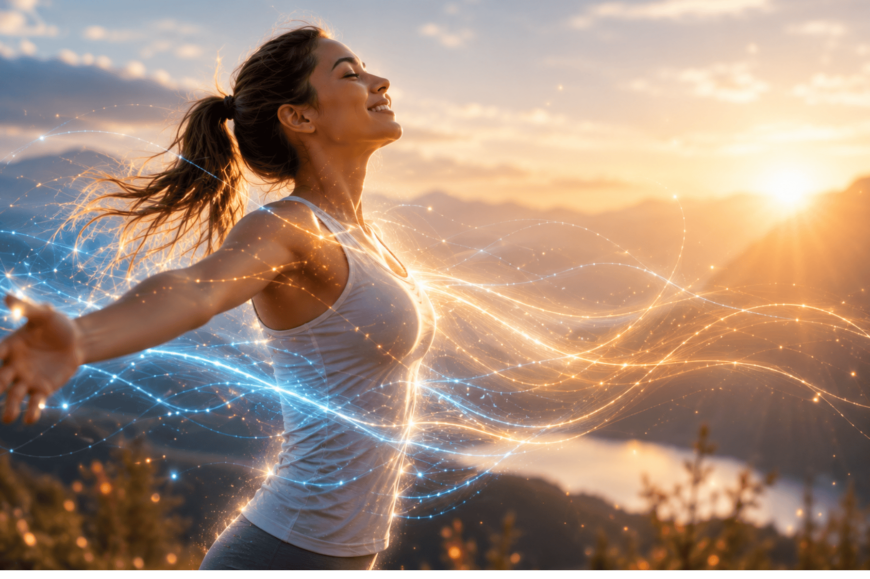 Woman outdoors surrounded by flowing light representing energy, communication, and whole-body resilience