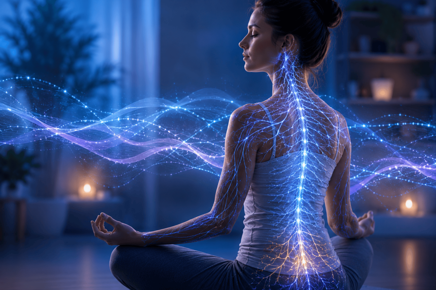 Woman surrounded by illuminated pathways representing nervous-system communication and whole-body responsiveness