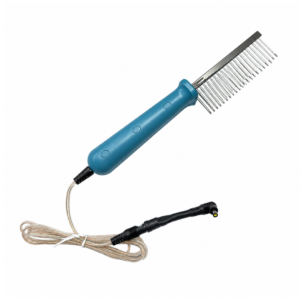 Tennant BioModulator® pet brush accessory with conductive metal pins and connection cable designed for use with Tennant BioModulator® devices for animal wellness applications.