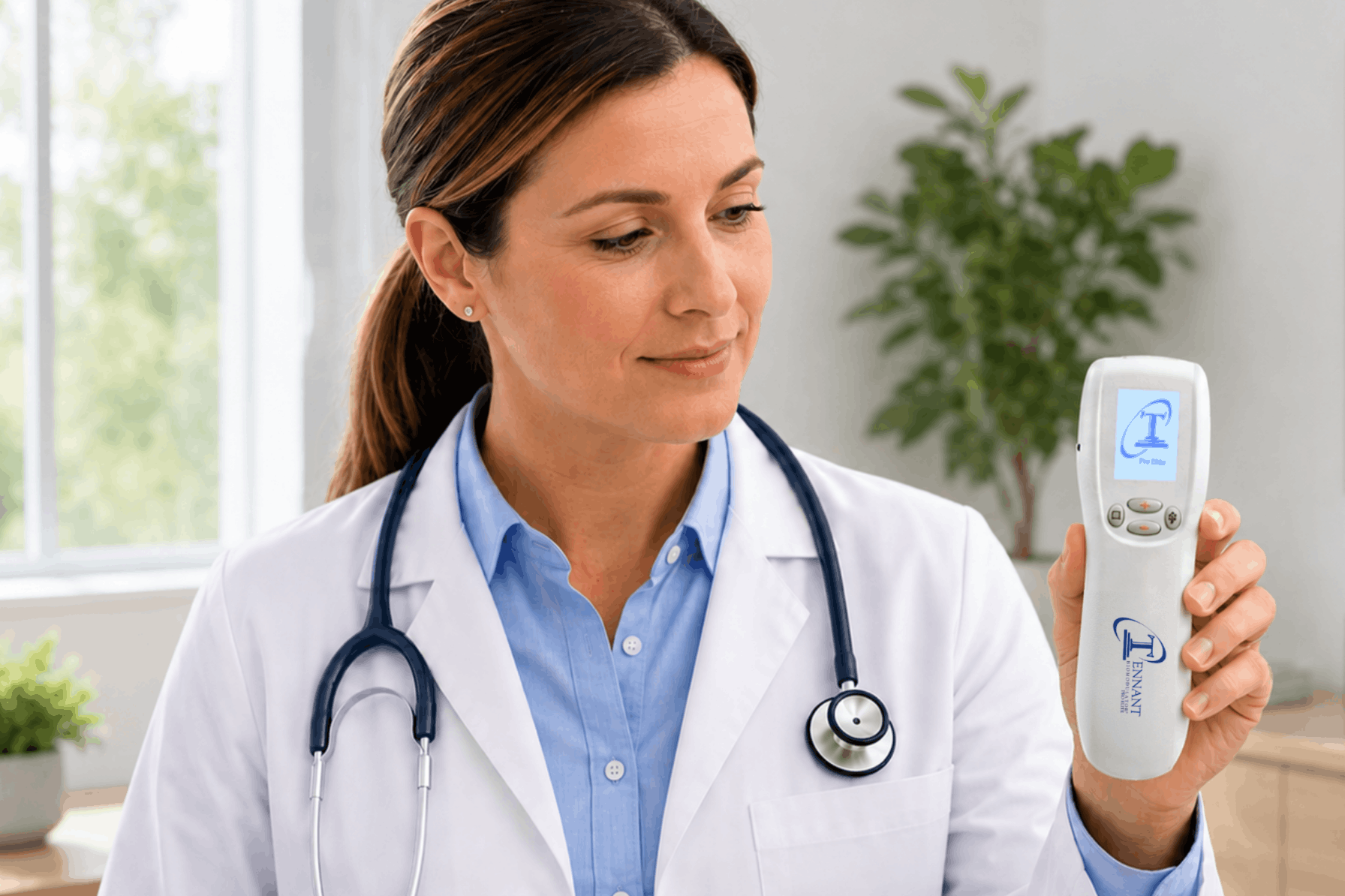 Healthcare professional holding the Tennant BioModulator® Pro Elite device, representing advanced bioelectric applications, practitioner education, certification pathways, adaptive biofeedback technology, and professional use within the Healing Is Voltage® framework.