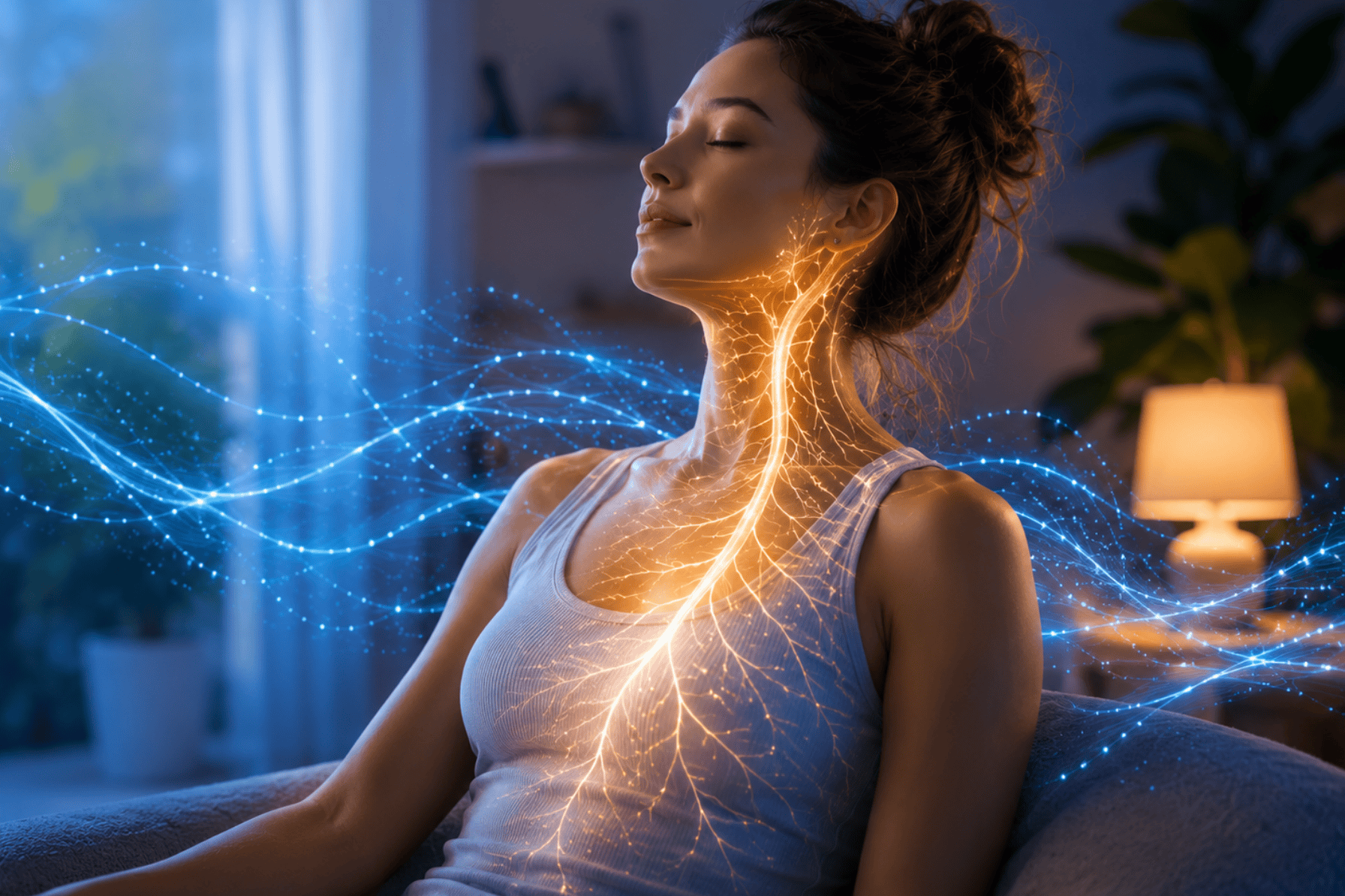 Conceptual illustration of vagus nerve communication extending from the neck through the upper body