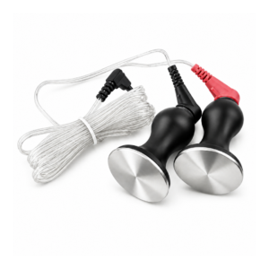 Tennant Health Paravertebral Electrodes with black handles, stainless steel contact pads, and clear coiled lead wires on a white background