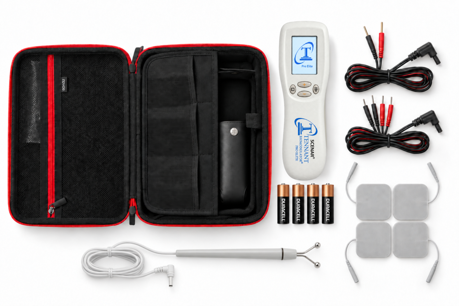 The Tennant BioModulator case open, showing the device, the Y-Point Probe, both connection wires, electrode pads and batteries