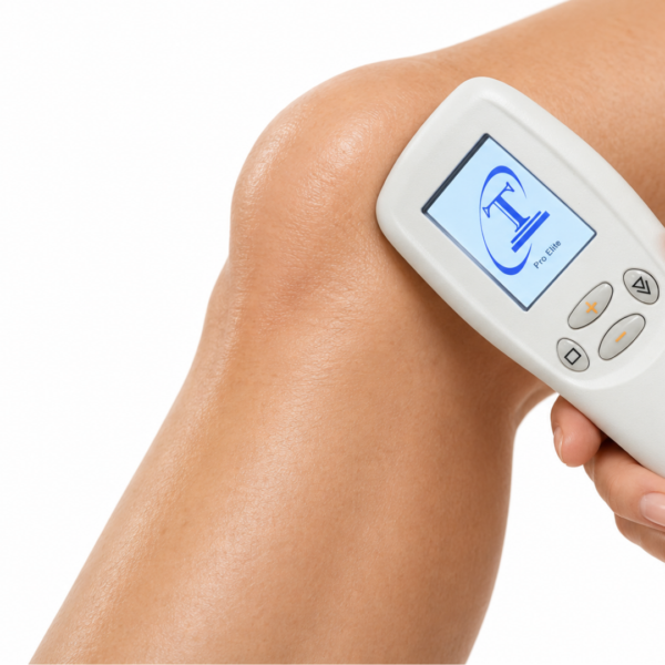 The Tennant BioModulator held in direct contact with the skin at the knee