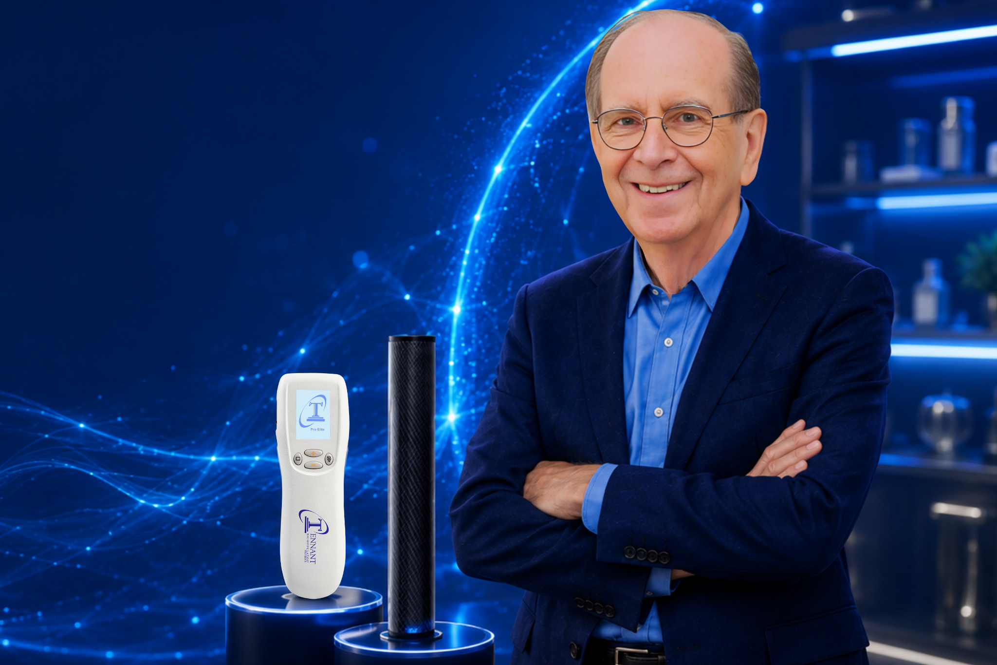 Dr. Jerry Tennant with the current-generation Tennant BioModulator and BioTransducer