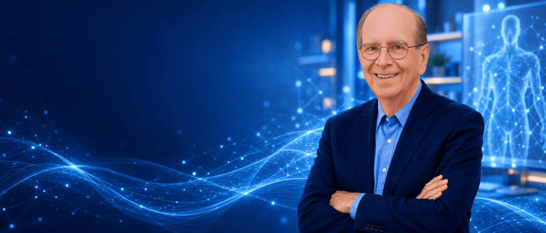 Dr. Jerry Tennant against a blue background with bioelectric network imagery.